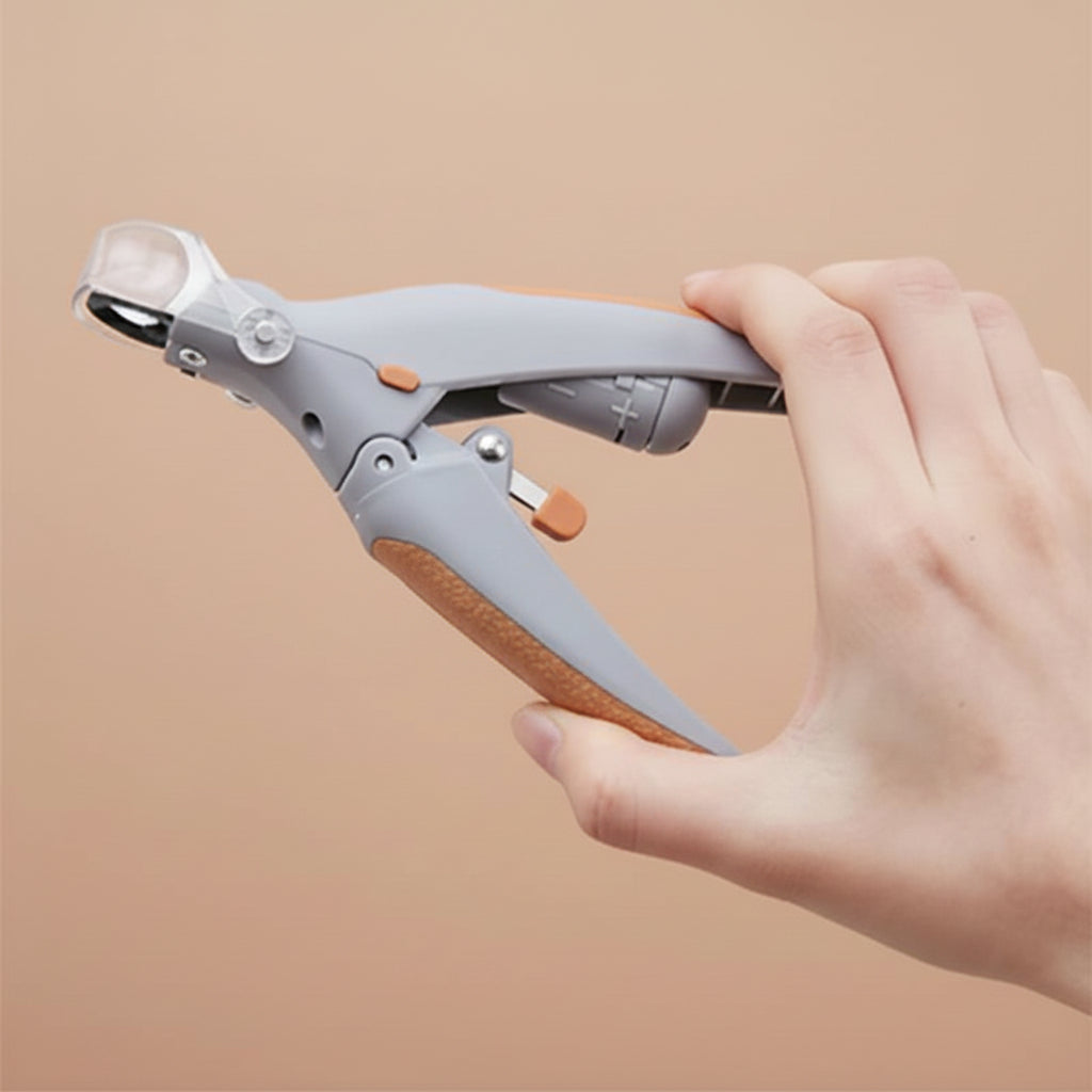 Hand holding a gray and orange tool against a light gray background