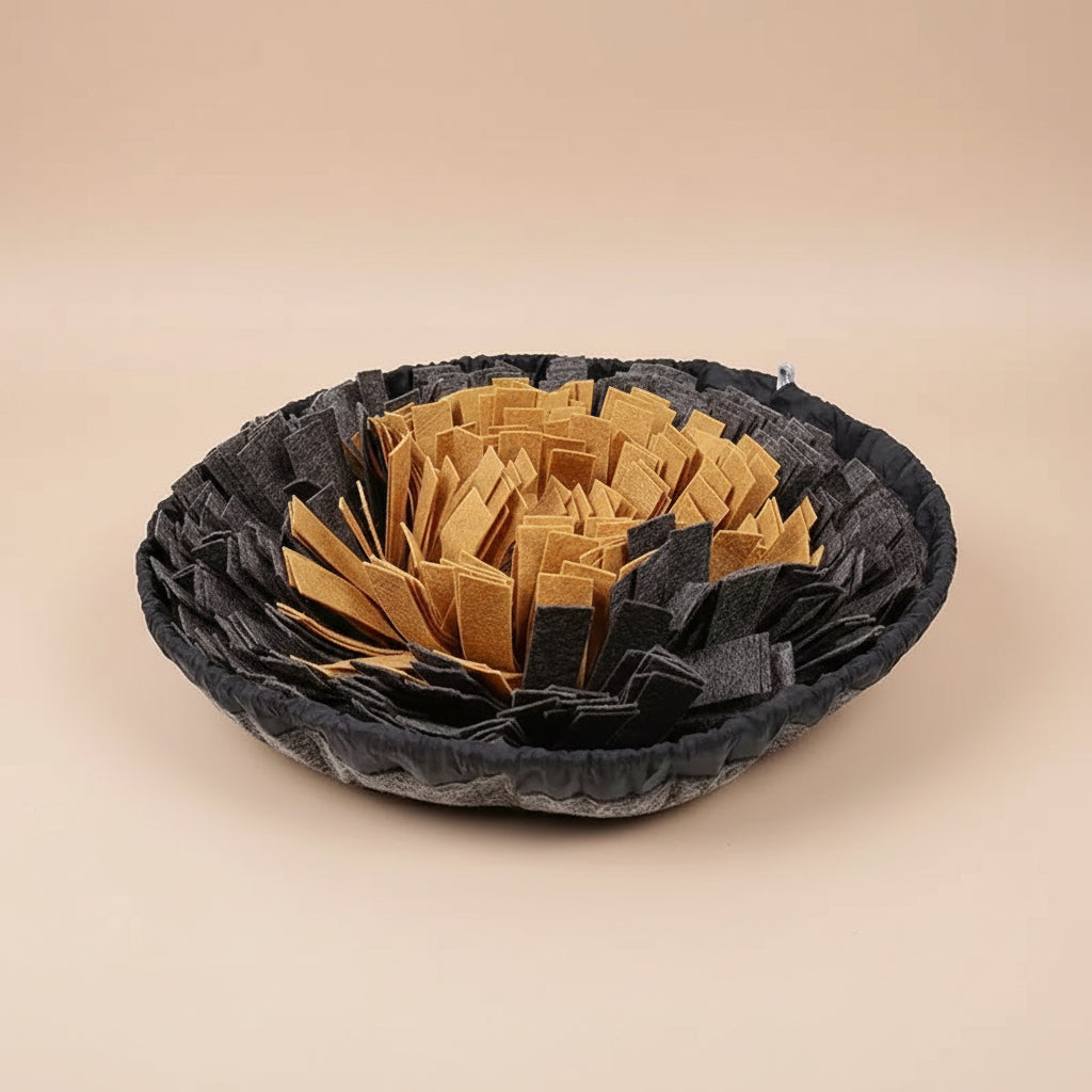 Black and gray woven bowl with gold on the inside on a white background