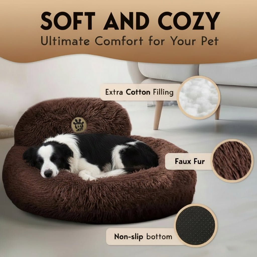Brown pet bed with a dog inside, labeled 'Soft and Cozy' with features highlighted.