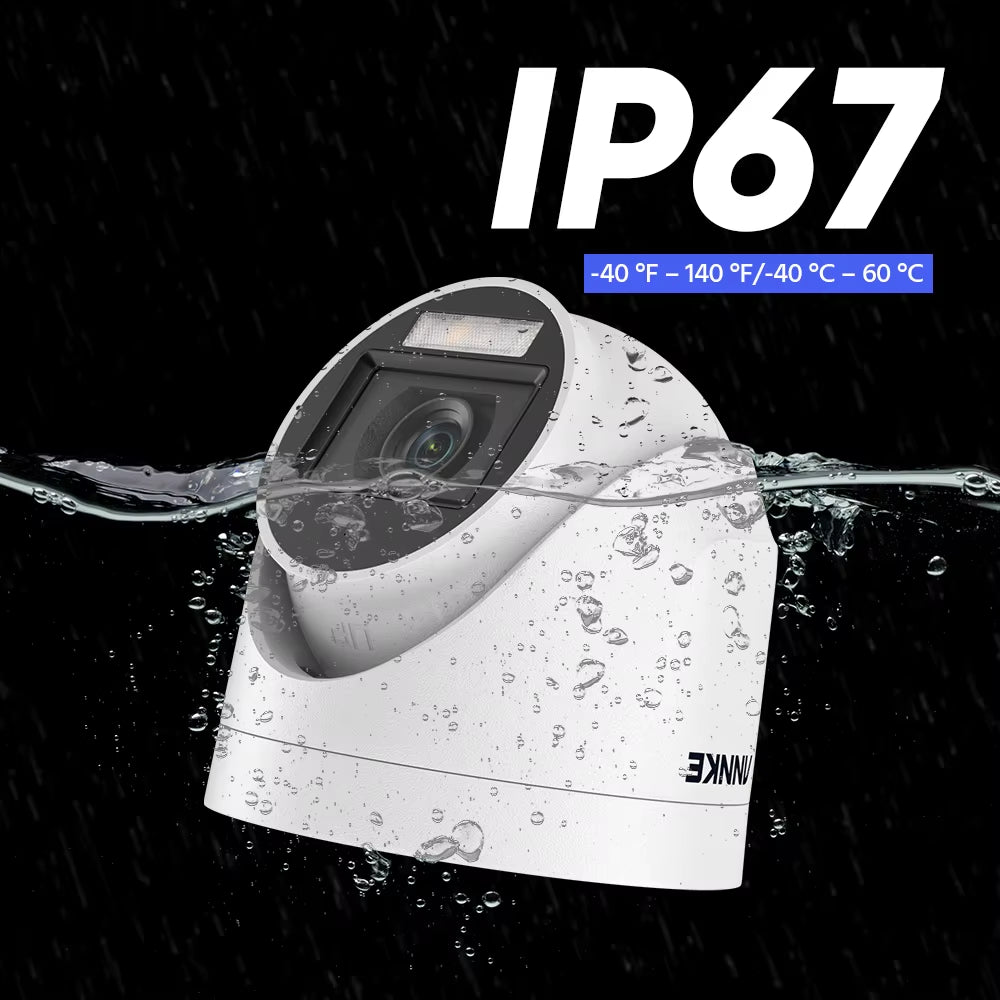Innke security camera with water droplets, IP67 rating displayed