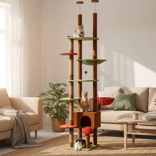Height 230-252CM Cactus Cat Tree Floor to Ceiling with Green Leaves Tall Tower 7 Tiers Climbing Tree with Cozy Hammocks Condos
