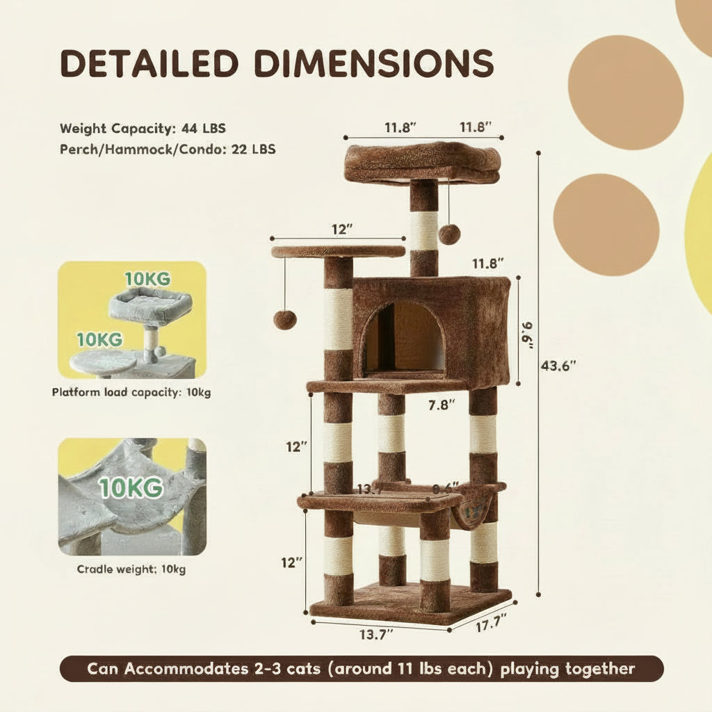 Detailed dimensions of a gray cat tree with weight capacity and dimensions displayed.