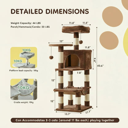 Detailed dimensions of a gray cat tree with weight capacity and dimensions displayed.