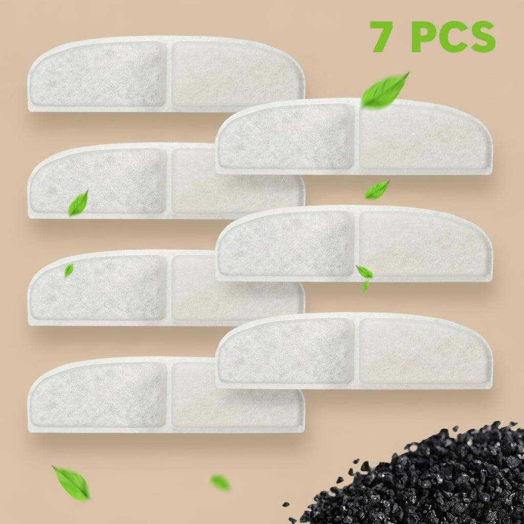 Set of 7 air filter replacements with green leaves on a white background