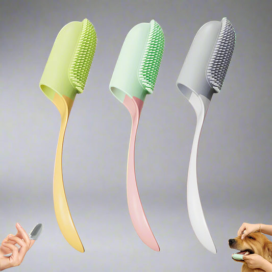 Three pet grooming brushes in different colors on a white background.