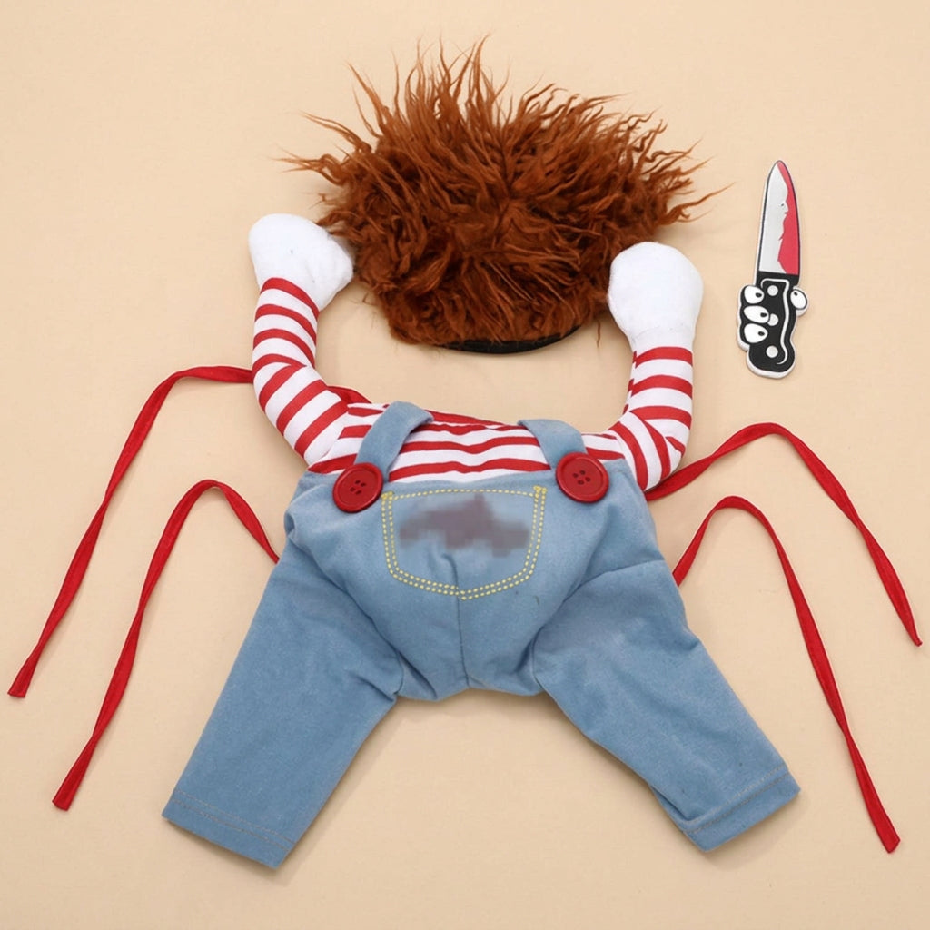 Costume laid out with red and white striped shirt, blue overalls, and brown hair on a white background.