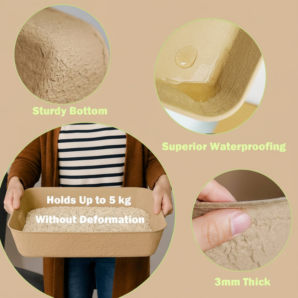 Product packaging with text highlighting sturdiness, waterproofing, capacity, and thickness on a beige background.