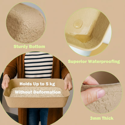 Product packaging with text highlighting sturdiness, waterproofing, capacity, and thickness on a beige background.