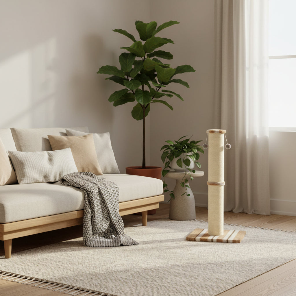 Cat scratching post with wooden base in a living room setting.