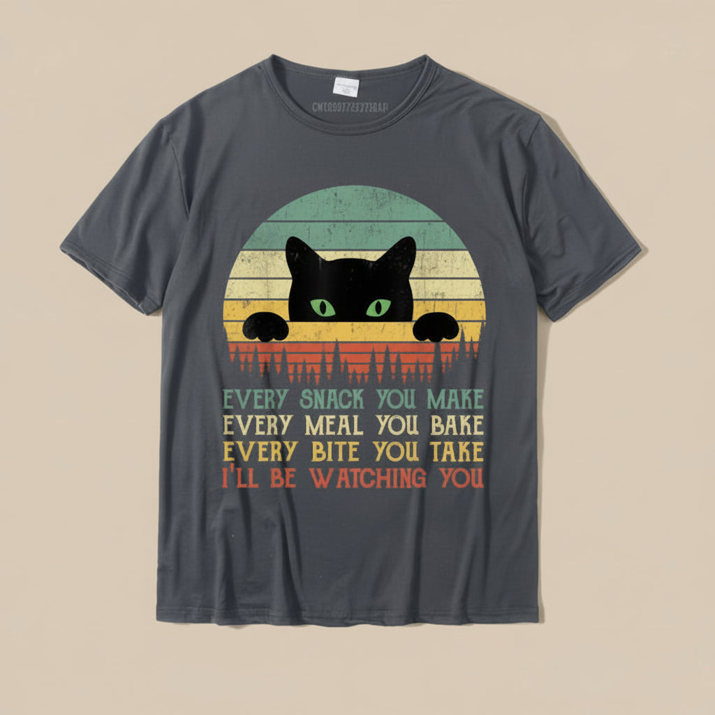 Grey T-shirt with a black cat graphic and text on a beige background