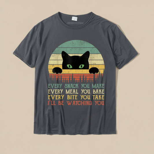 Grey T-shirt with a black cat graphic and text on a beige background