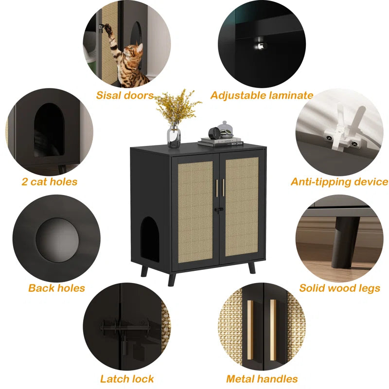 Modern Cat Litter Box Enclosure with Lock and Sisal Door