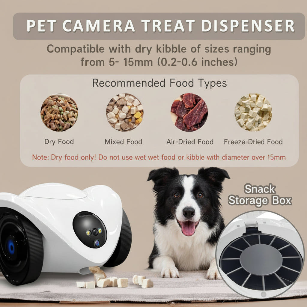 Pet camera treat dispenser with a dog and snacks on a wooden surface