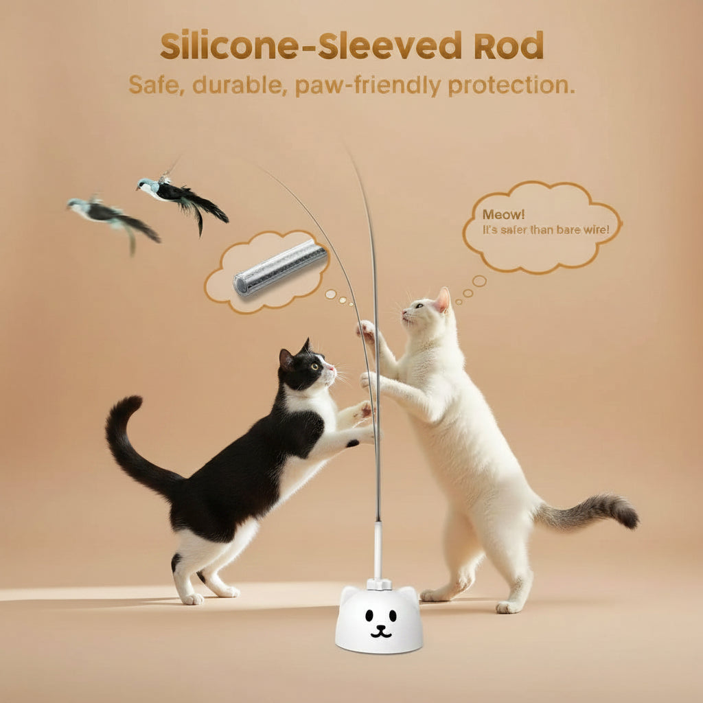Two cats playing with a silicone-sleeved rod on a beige background.