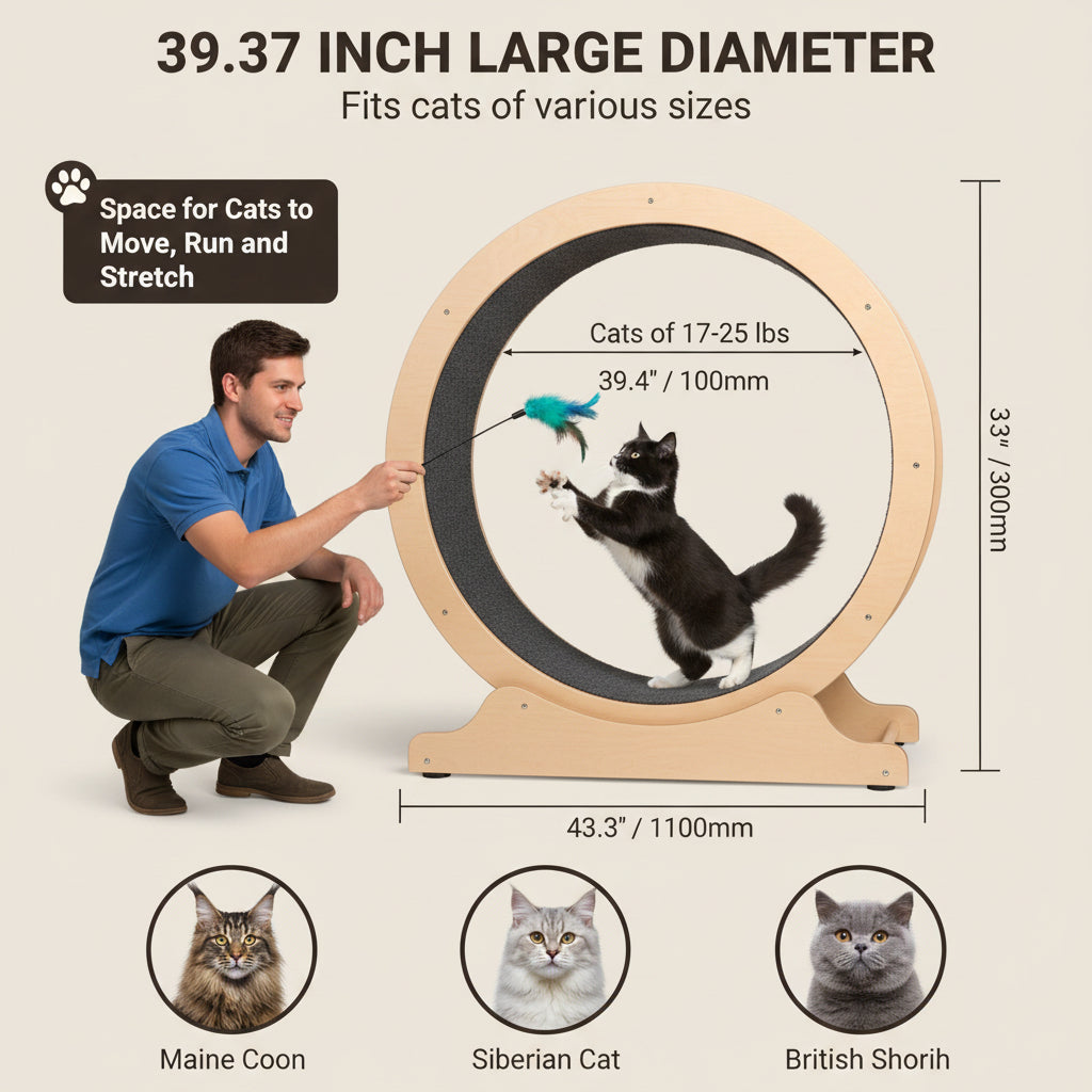 Cat exercise wheel with measurements and cat breeds shown, man interacting with a cat.
