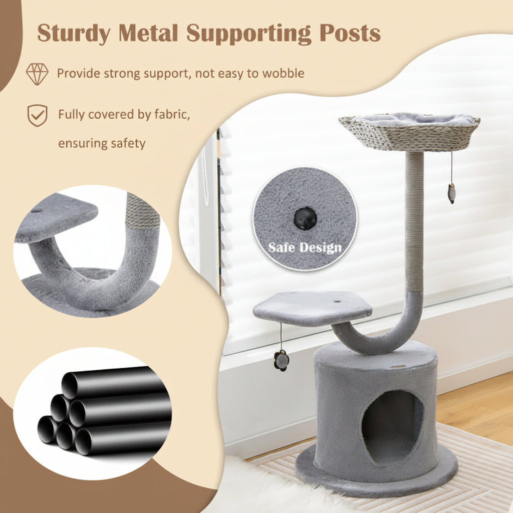 Gray cat tree with sturdy metal posts and fabric covering, on a light wood floor.