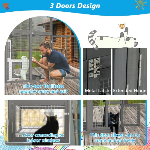 Outdoor Wooden Cat Catio - Large Solid Wood Cat Cage Playpen with 2 Jumping Platforms &amp; 7 Napping Houses, Walk-in Cat Kennel Condo Shelter, Grey
