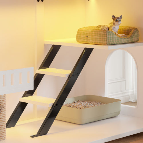 47.25" Large Cat Litter Box Enclosure with LED Light - Hidden Litter Box Furniture, Cat House with Stairs and Cat Scratching Post, Cat Cabinet Side Table with Smart Doors for Living Room, White