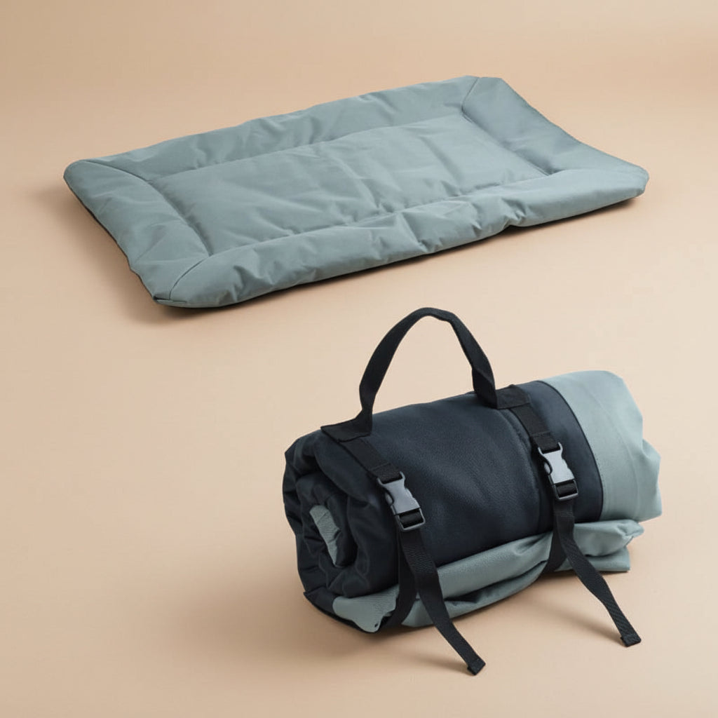 Gray/Green sleeping pad and rolled-up sleeping bag on a white background