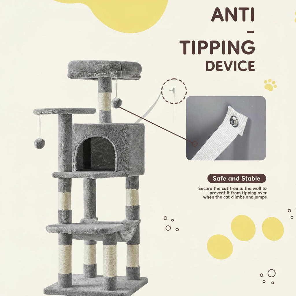Cat tree with anti-tipping device and cat climbing on a white background