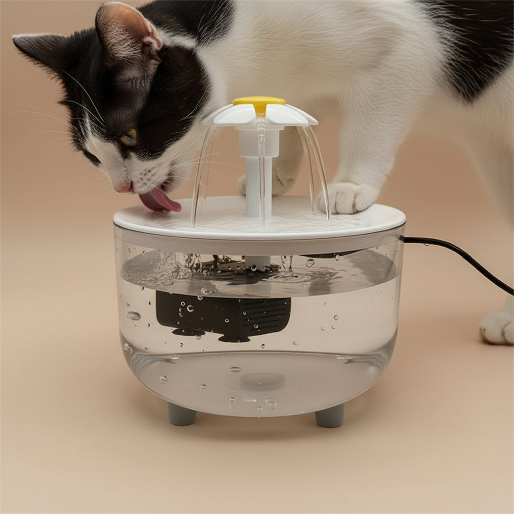 Cat drinking from A small tabletop water fountain with a clear cylindrical basin, white top and base, a central white spout with a yellow ring, and a black pump submerged in the water. A black power cord extends to the right.