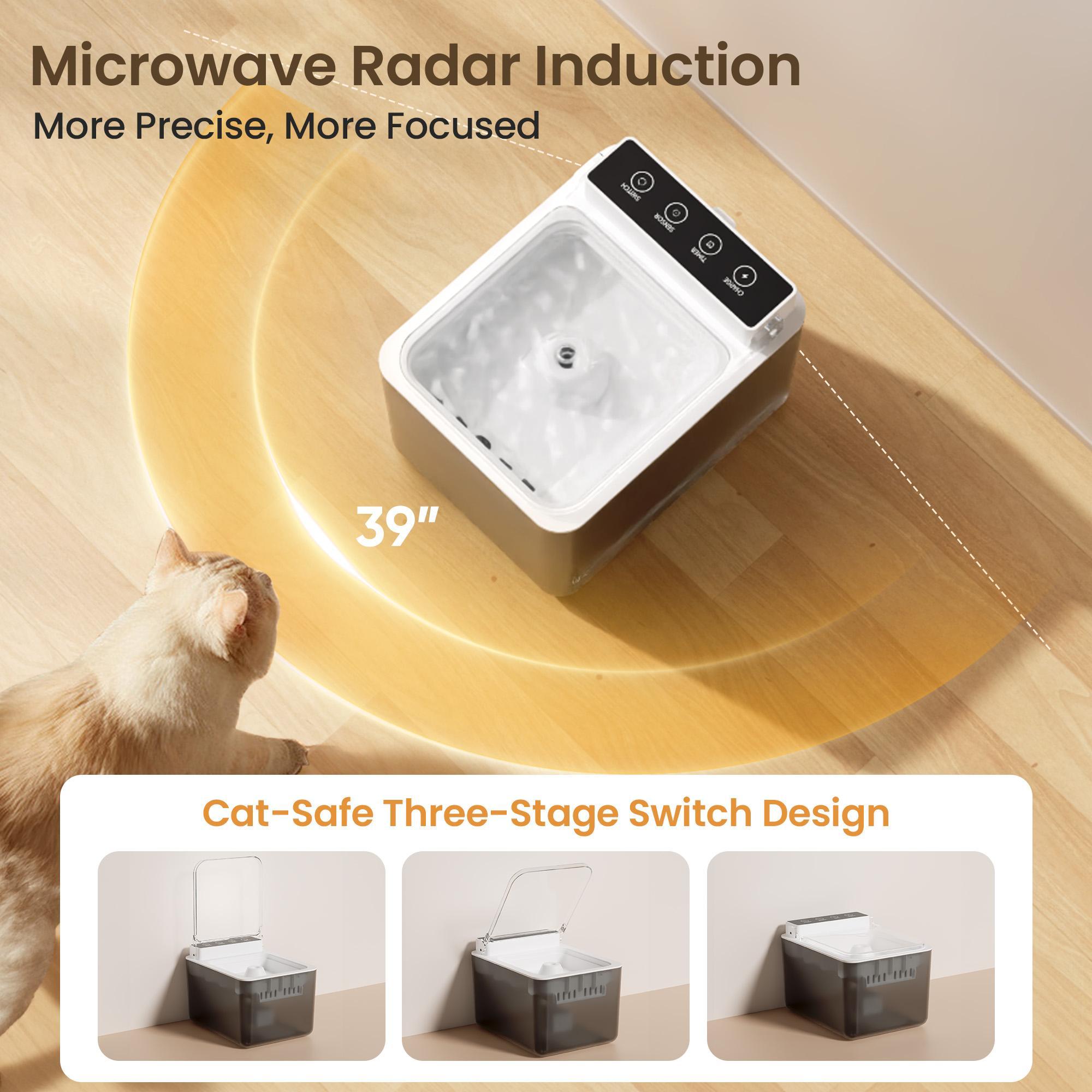 Small white fountain on a wooden surface with text about microwave radar induction and cat-safe design.