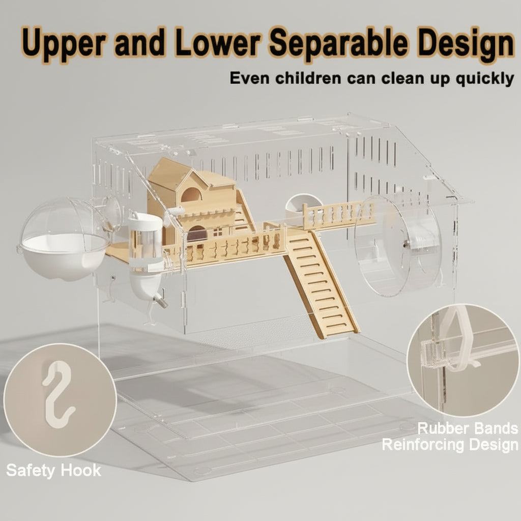 Clear and wooden pet playpen with safety features on a wooden floor.