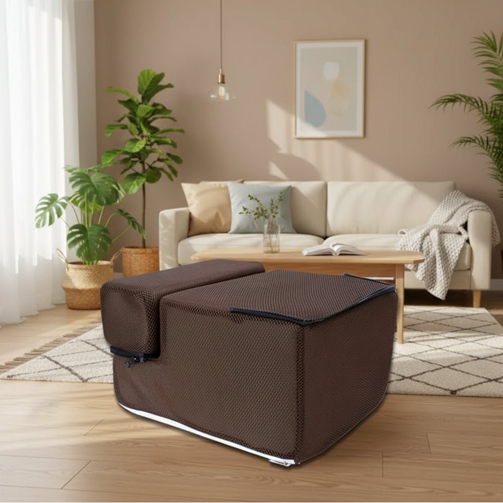 Brown folded stairs with a textured surface in a living room setting.