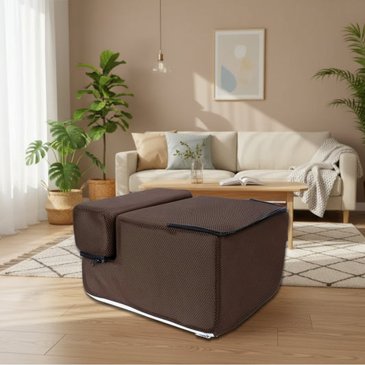 Brown folded stairs with a textured surface in a living room setting.