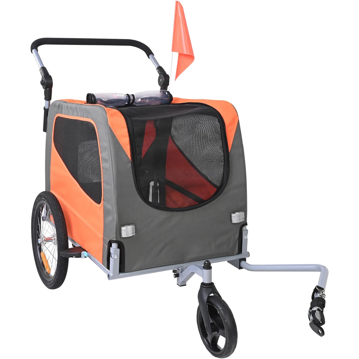Dog Bike Trailer, Supports up to 66 Lbs, 2-In-1 Pet Stroller Cart Bicycle Carrier, Easy Folding Cart Frame with Quick Release Wheels, Universal Bicycle Coupler, Reflectors, Flag, Orange/Gray