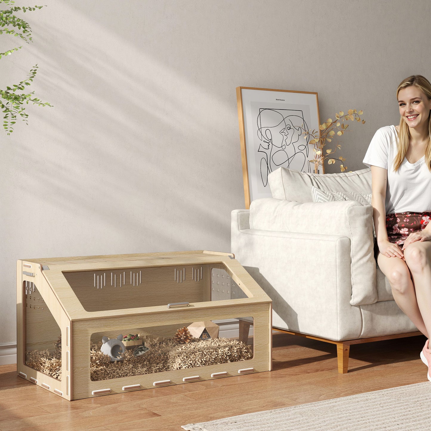 39 Inch Hamster Cage Habitat with Acrylic Window & Openable Top for Hamster, Gerbil, Guinea Pig, Rat, Oak
