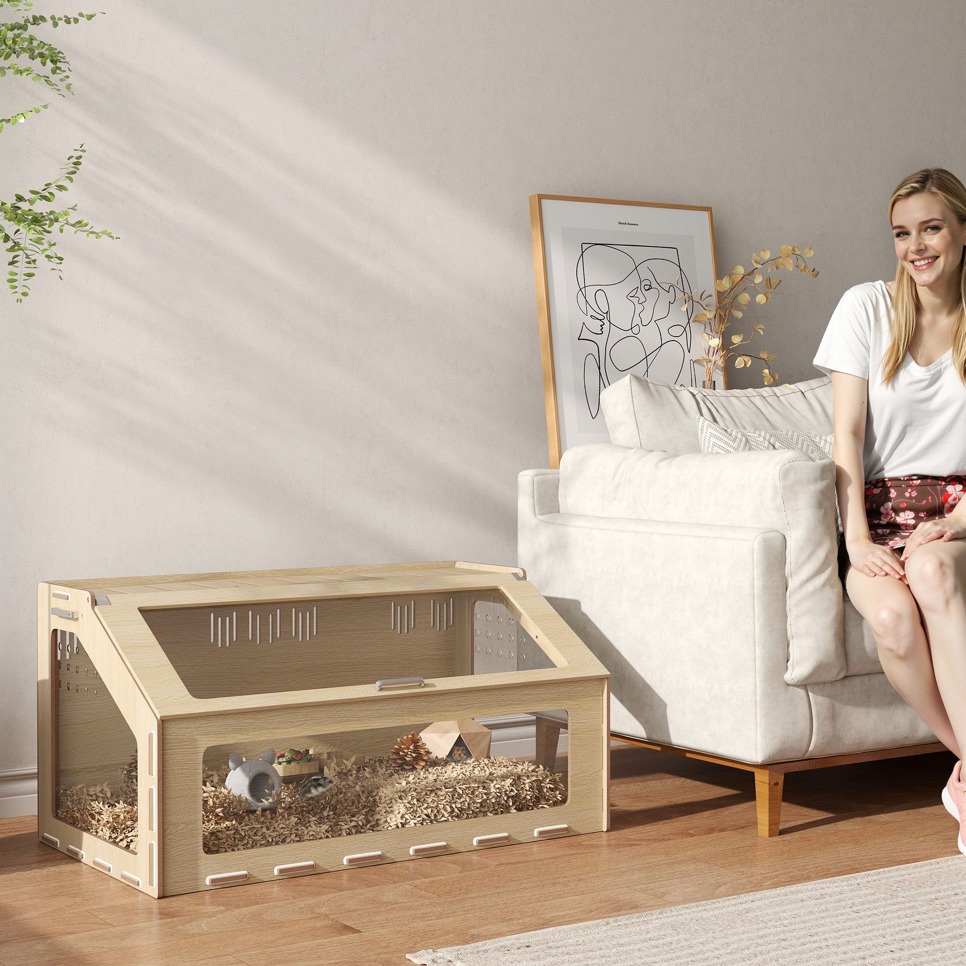 39 Inch Hamster Cage Habitat with Acrylic Window & Openable Top for Hamster, Gerbil, Guinea Pig, Rat, Oak
