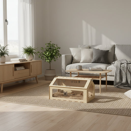 Woman sitting on a couch next to a wooden pet cage in a living room.