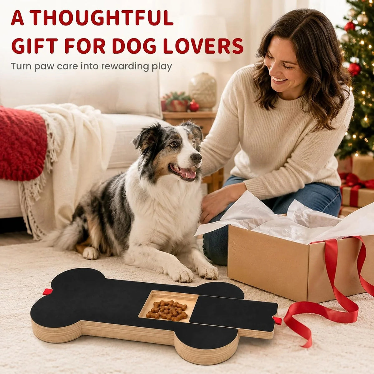 A woman sits on a living room floor with a dog beside an open gift box, while a bone-shaped dog treat tray with a black top and wooden base lies in the foreground. The scene is decorated for Christmas, with a couch, blanket, and tree in the background.