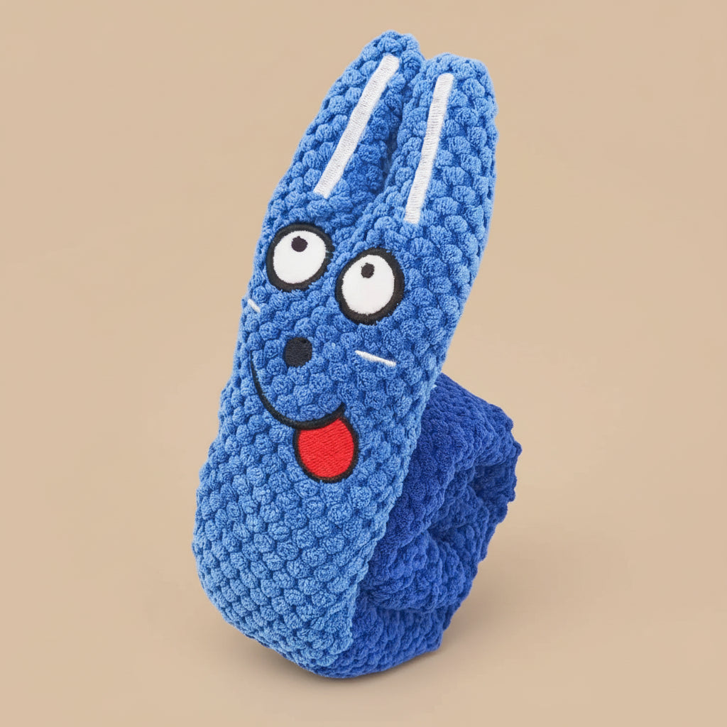Blue cartoon-style sock with a face on a black background