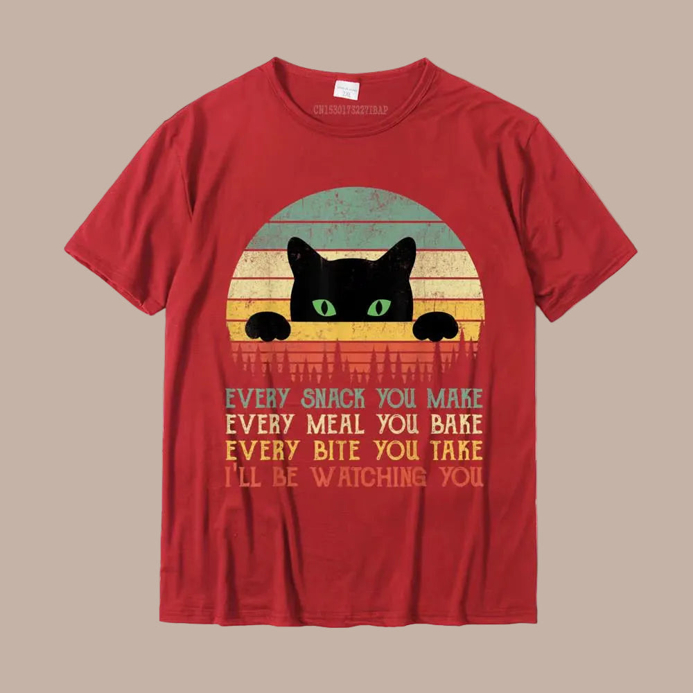 Red t-shirt with a black cat graphic and text on a white background