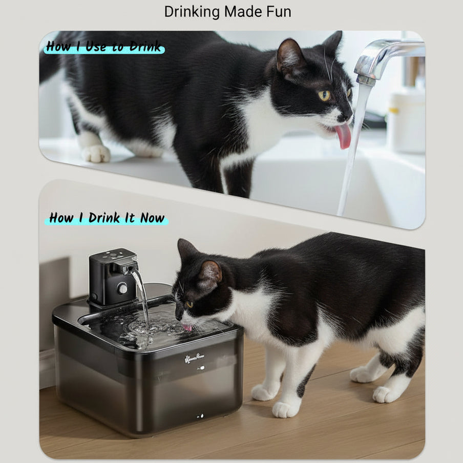 Two cats interacting with a pet water fountain, one drinking from it and the other drinking for a sink faucet.