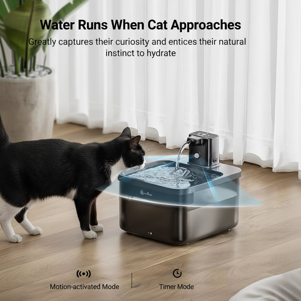 Cat approaching a water fountain with text about its features