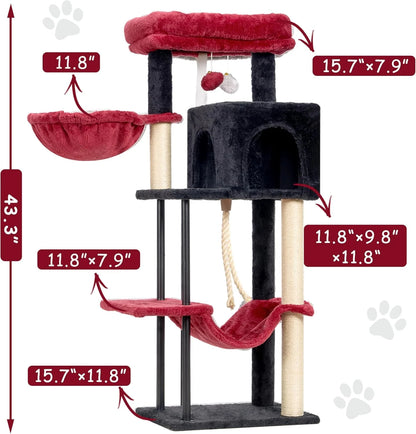 Cat Tree, Cat Tower for Indoor Cats, 43.3 Inch Gothic Cat Tree Tower with Sturdy Steel Tube, Hammock, Cat Condo for Small Cats and Kittens, Scratching Post, Black and Red