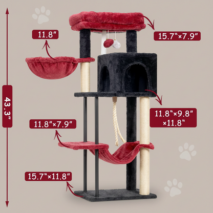 A multi-level cat tree with red plush platforms and hammock, black central tower, beige sisal posts, and a hanging toy, shown on a white background with dimension callouts and text labels.