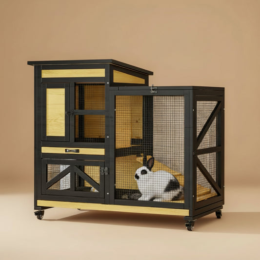 Pet cage with wooden interior and wire mesh door on a beige background