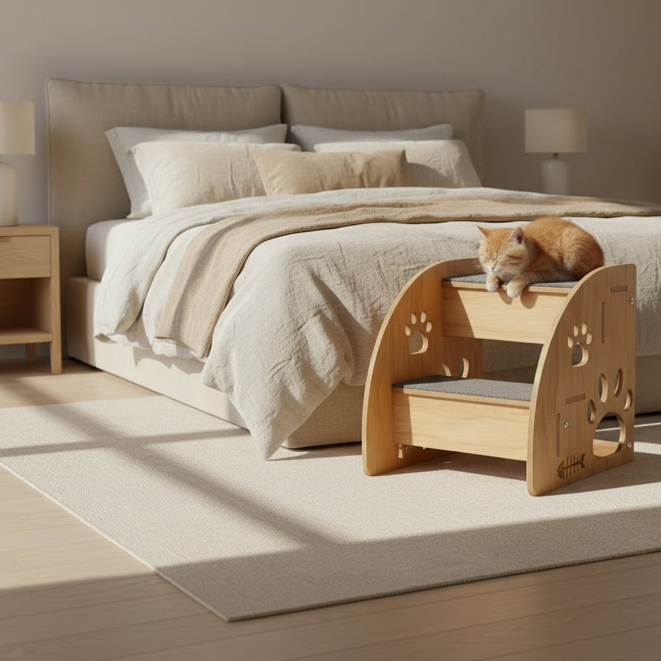 Cat sunning on wooden pet steps with paw prints in front of a bed in a bedroom. 