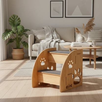 Wooden pet step with paw prints in a living room setting.