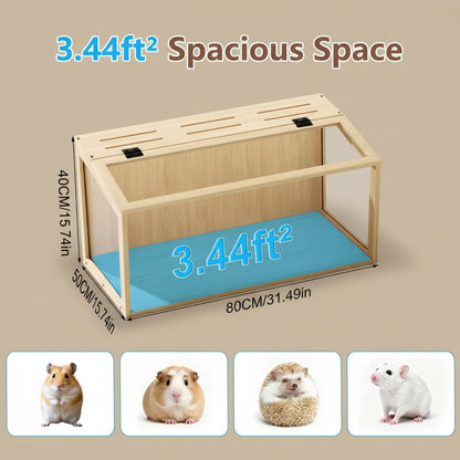 Wooden pet cage with dimensions and images of small animals on a wooden floor.