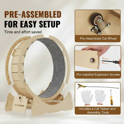 Pre-assembled cat wheel with tools and screws on a beige background