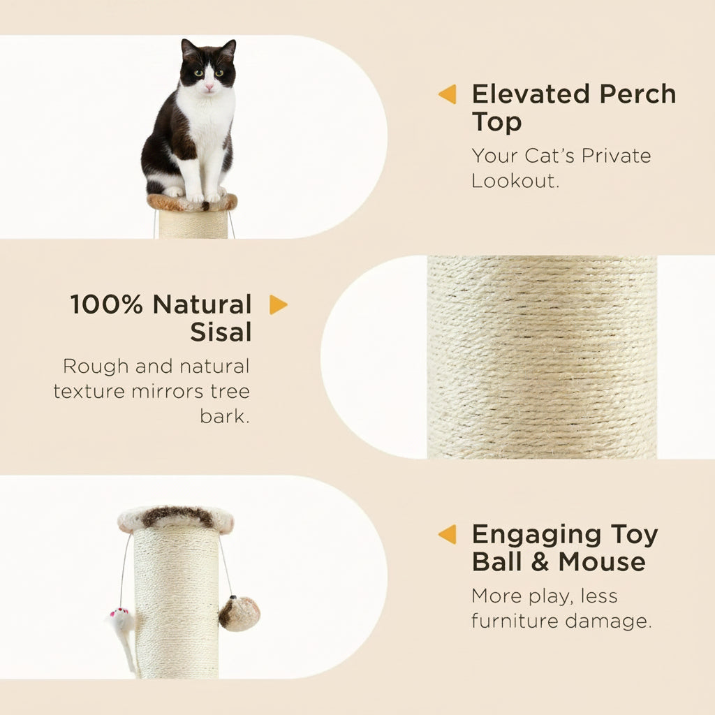 Cat scratching post with text highlighting features on a beige background