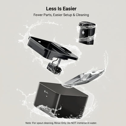 Product components with text 'Less Is Easier' and 'Fewer Parts, Easier Setup & Cleaning' on a light gray background.