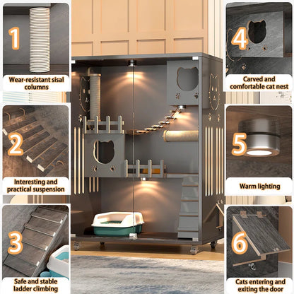 Desara Wooden Cat Villa, Large Cat Enclosure, Indoor Enclosed Cat House