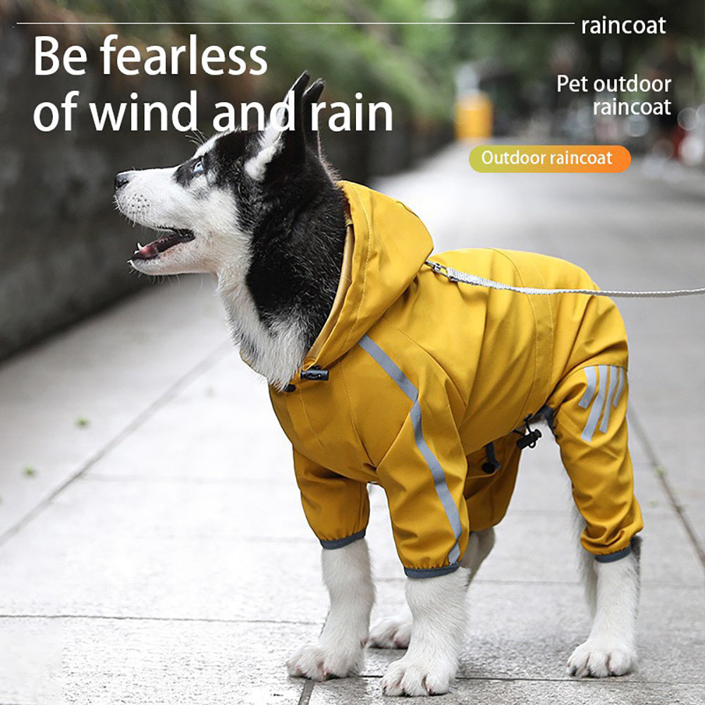 Waterproof Dog Raincoat - Four-Leg Design with Reflective Strips, Breathable Polyester Dog Rain Jacket with Adjustable Drawstrings