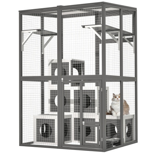 Outdoor Wooden Cat Catio - Large Solid Wood Cat Cage Playpen with 2 Jumping Platforms &amp; 7 Napping Houses, Walk-in Cat Kennel Condo Shelter, Grey